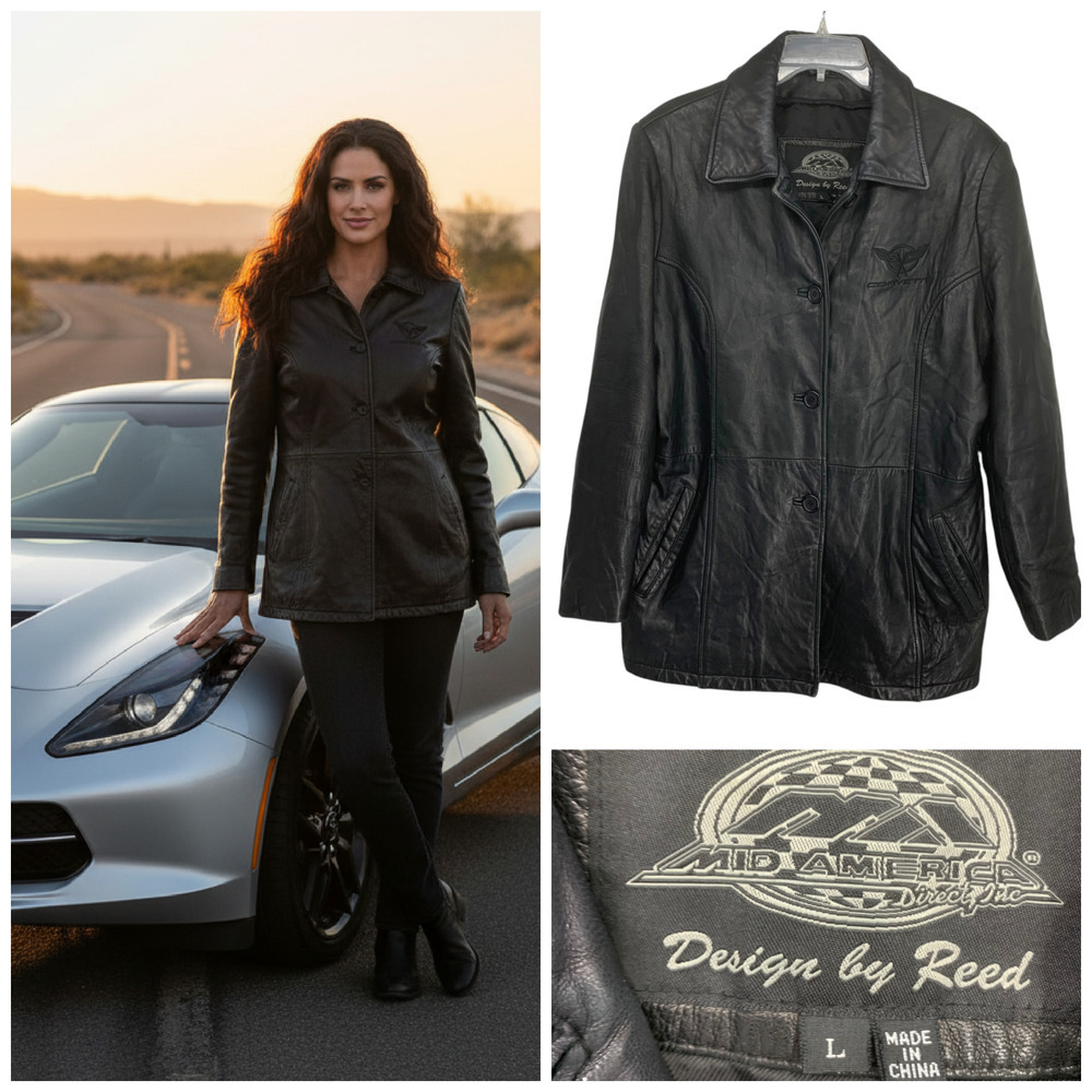 Vtg Y2K Mid America Corvette Black Leather Jacket Women’s Sz L Design by Reed